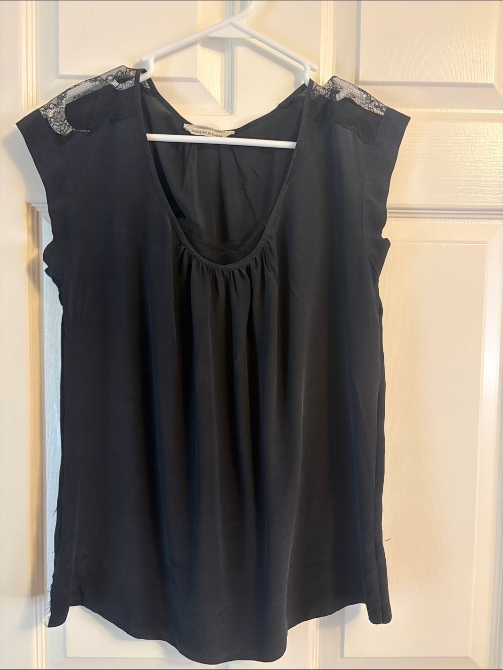 Gerard Durel black silk top with lace trim, size large